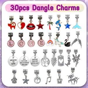 Collection of 30 dangle charms for bracelet making, including unicorn, mermaid, heart, and star designs.