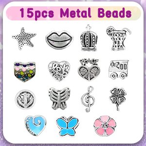 Collection of 15 metal beads for jewelry making, including charms shaped like stars, lips, crowns, cocktails, hearts, peace signs, and musical notes.