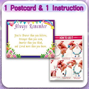 Charm bracelet making kit contents: postcard with inspirational quote and instruction sheet showing how to use.