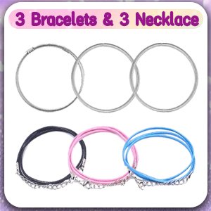 Three silver charm bracelet chains and three colorful necklace cords with clasps