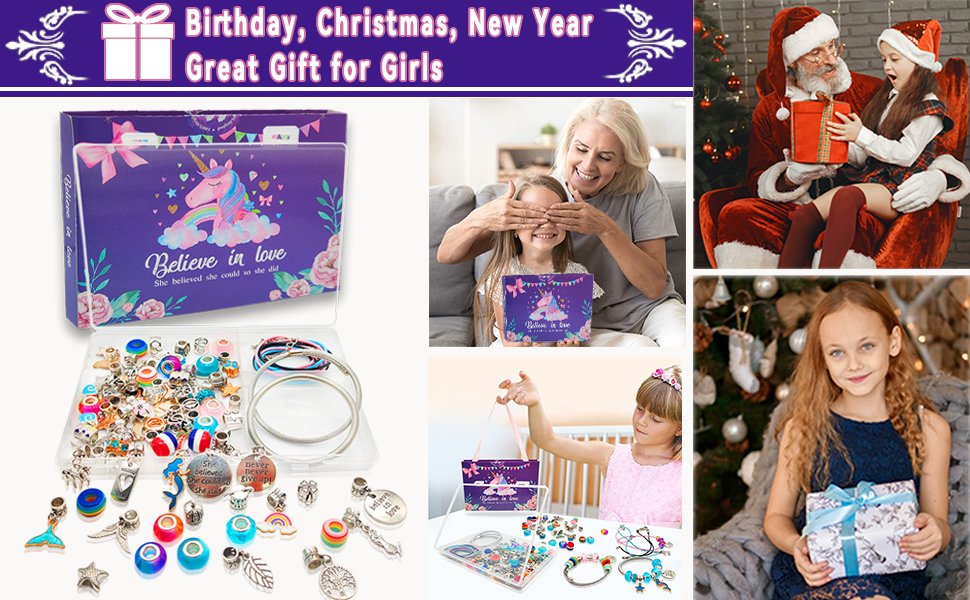 Collage of a charm bracelet making kit for girls, including contents, lifestyle shots of children receiving gifts, and a woman and child.