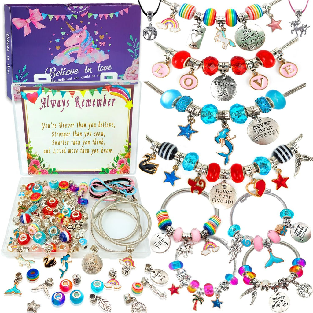 Charm bracelet making kit contents including beads, charms, and bracelets on a white background.