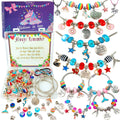 Charm bracelet making kit contents including beads, charms, and bracelets on a white background.