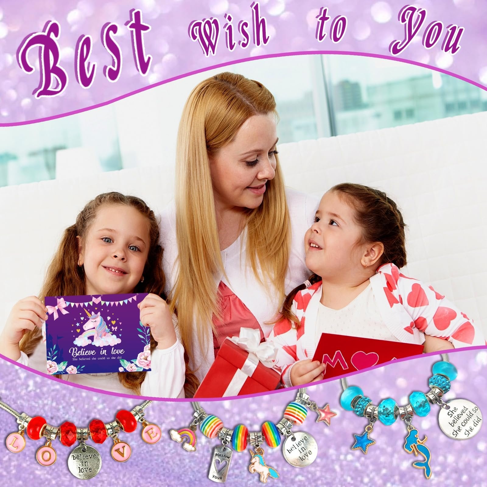 Mother and two daughters looking at charm bracelets and a unicorn card, with text overlays.