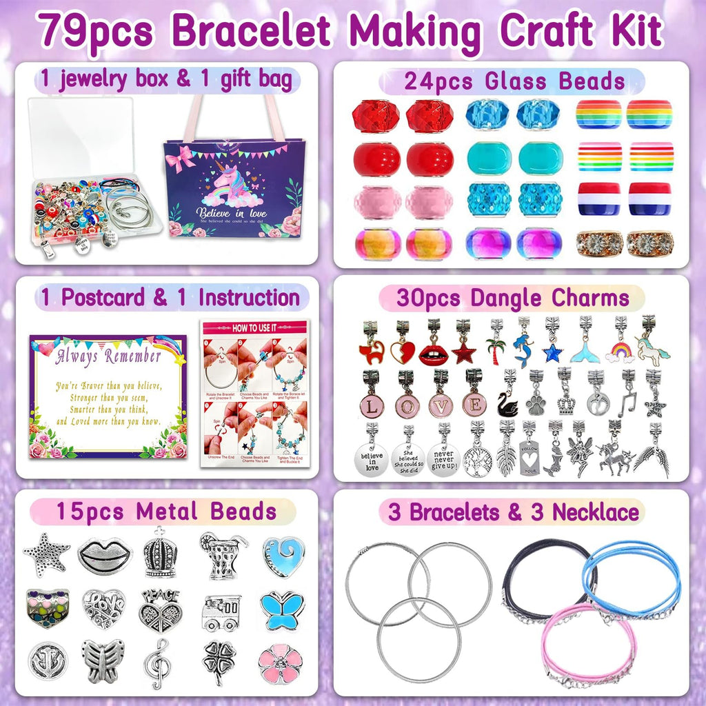 Collage of items included in a 79-piece bracelet making craft kit, showing jewelry box, gift bag, beads, charms, postcard, instructions, and bracelets.