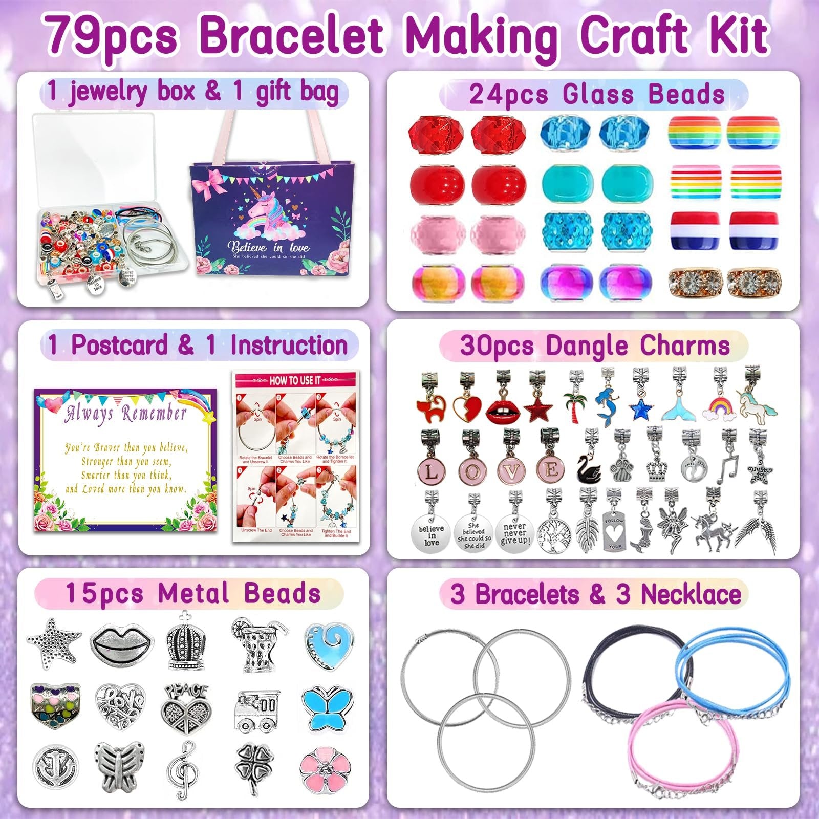 Collage of items included in a 79-piece bracelet making craft kit, showing jewelry box, gift bag, beads, charms, postcard, instructions, and bracelets.