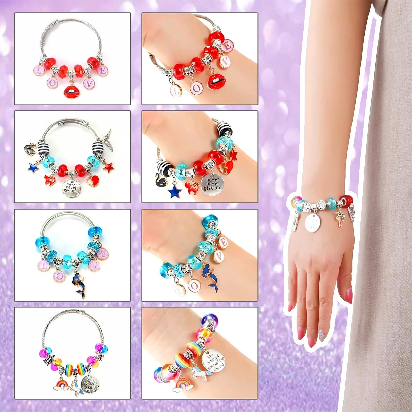 Collage of charm bracelets with various beads and charms, including letters, lips, unicorns, mermaids, and inspirational quotes.