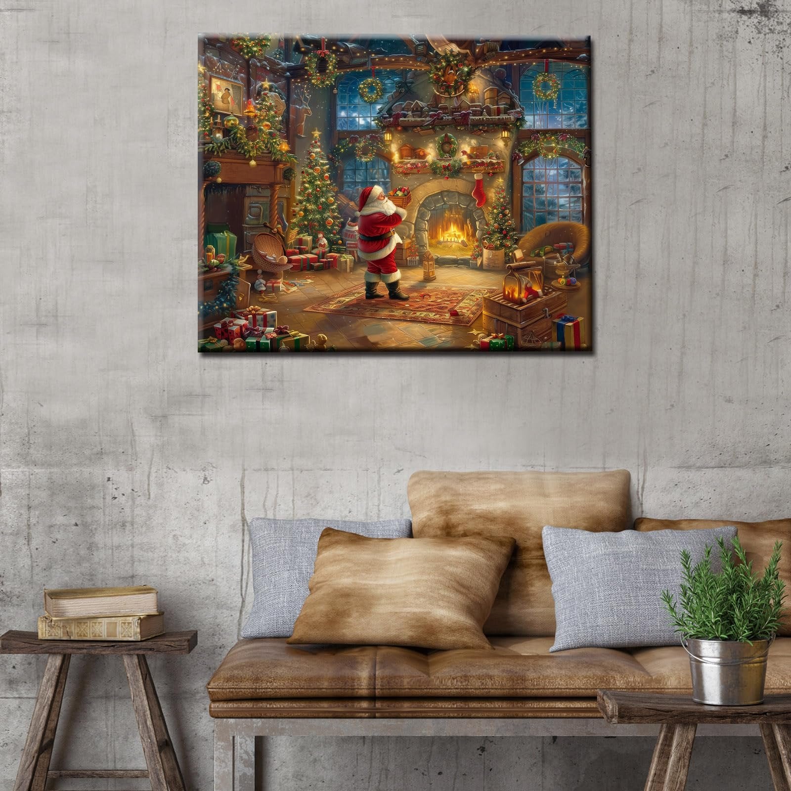Christmas scene with Santa by a fireplace, decorated Christmas trees, and gifts. The artwork is displayed on a wall above a couch.