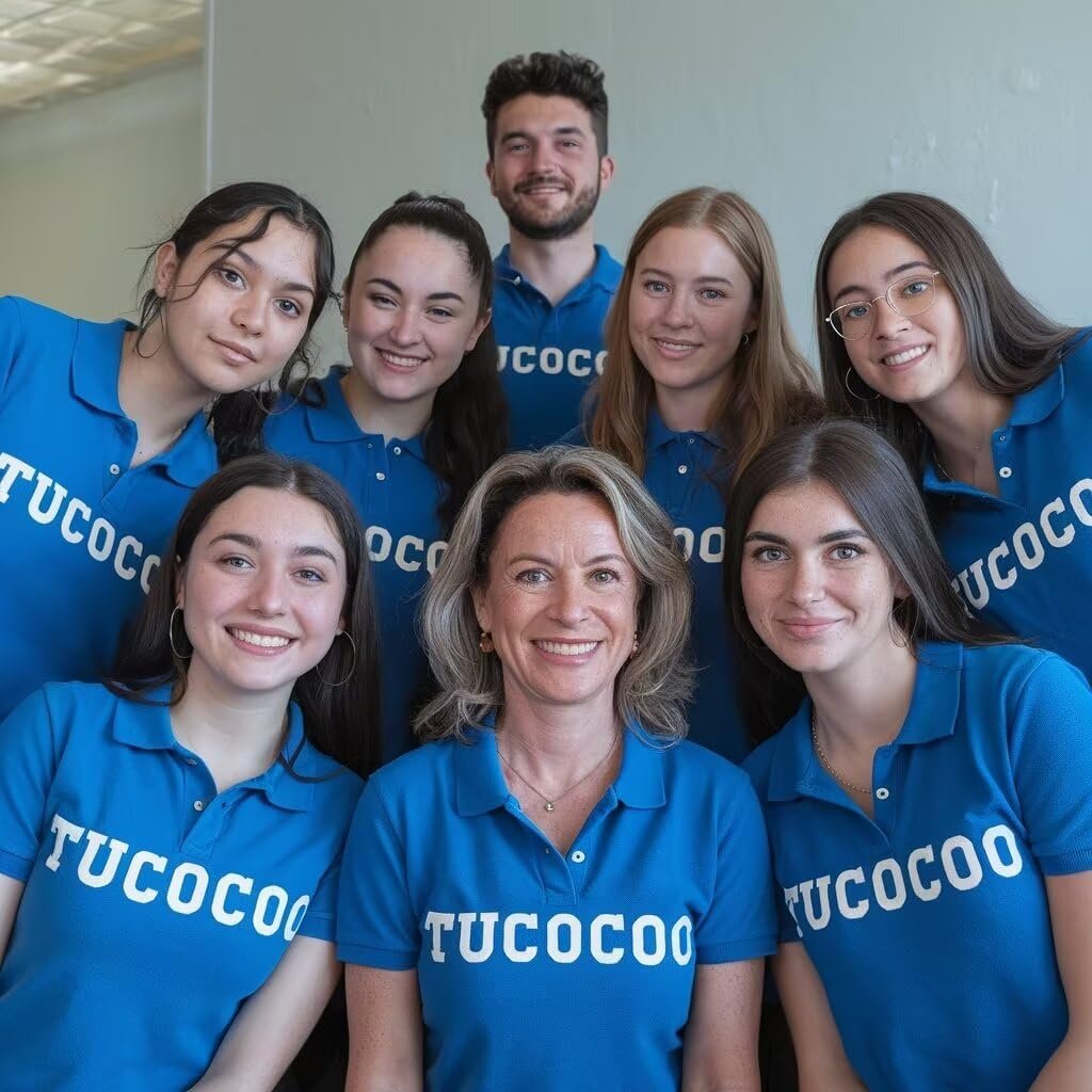 Group of eight smiling people wearing blue polo shirts with white text, posing for a photo.