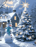 Christmas paint by number kit scene with snowman, decorated tree, and snowy house