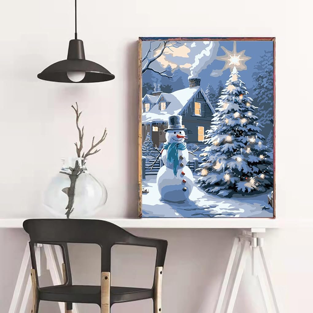 Christmas paint by number kit showing a snowman and a decorated Christmas tree in front of a snow-covered house.
