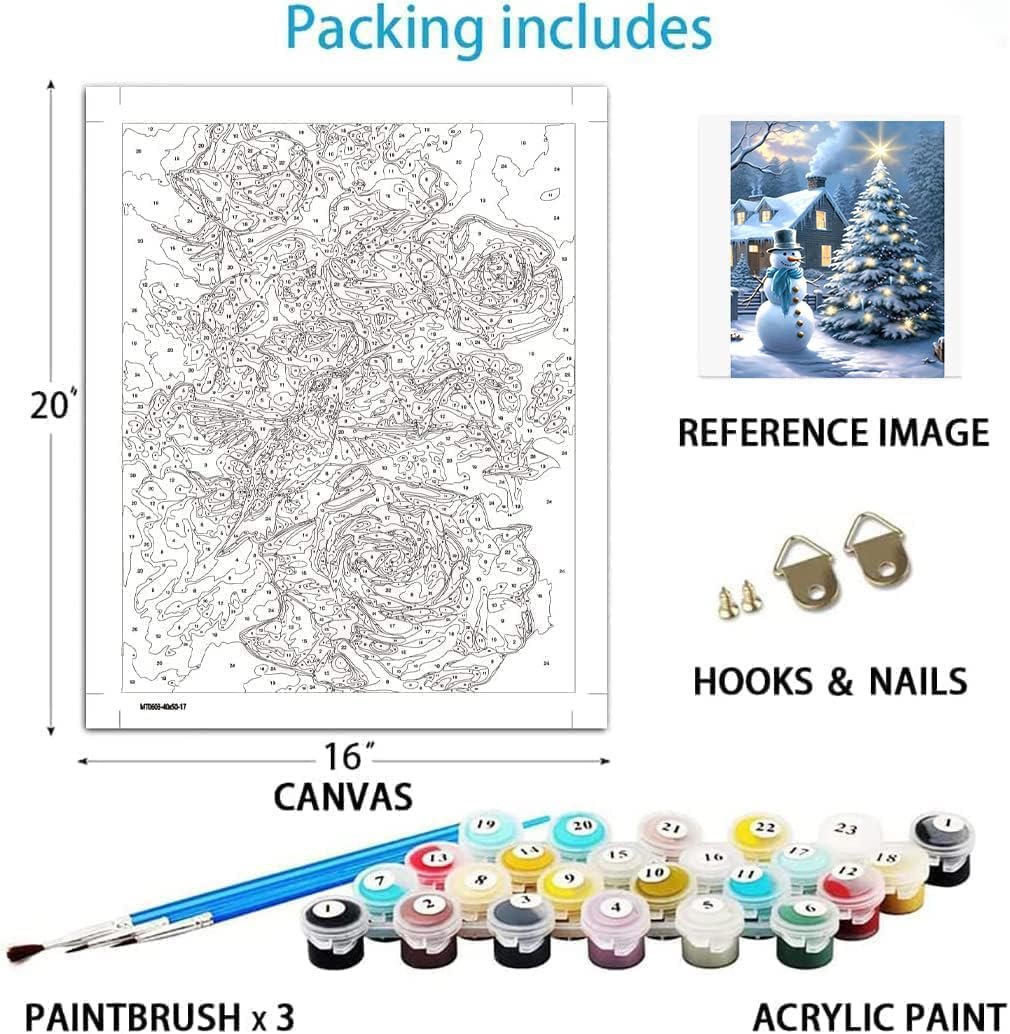Paint by number kit contents: numbered canvas, reference image, brushes, hooks, and acrylic paints.