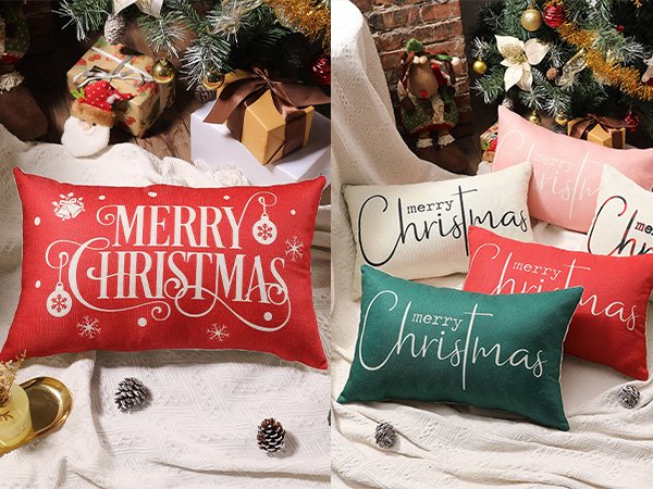 Christmas pillow covers with 'Merry Christmas' text and festive designs, arranged with holiday decorations.