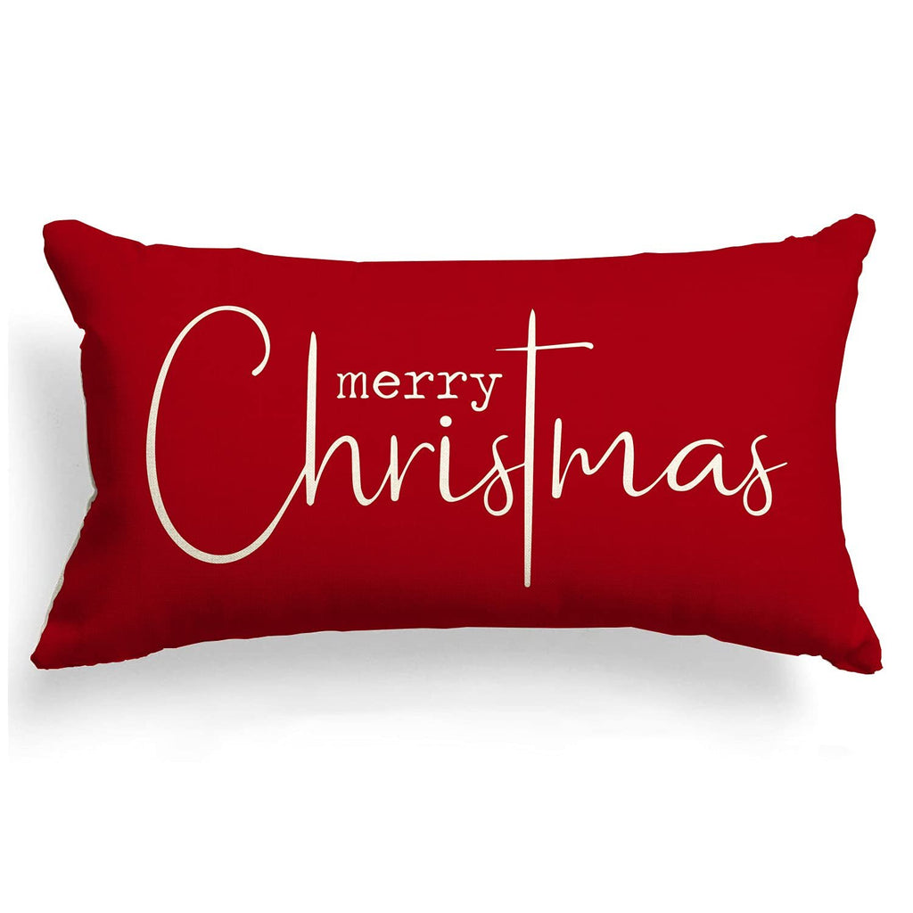 Red rectangular Christmas pillow cover with cream script text 'merry Christmas'