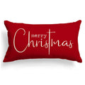 Red rectangular Christmas pillow cover with cream script text 'merry Christmas'