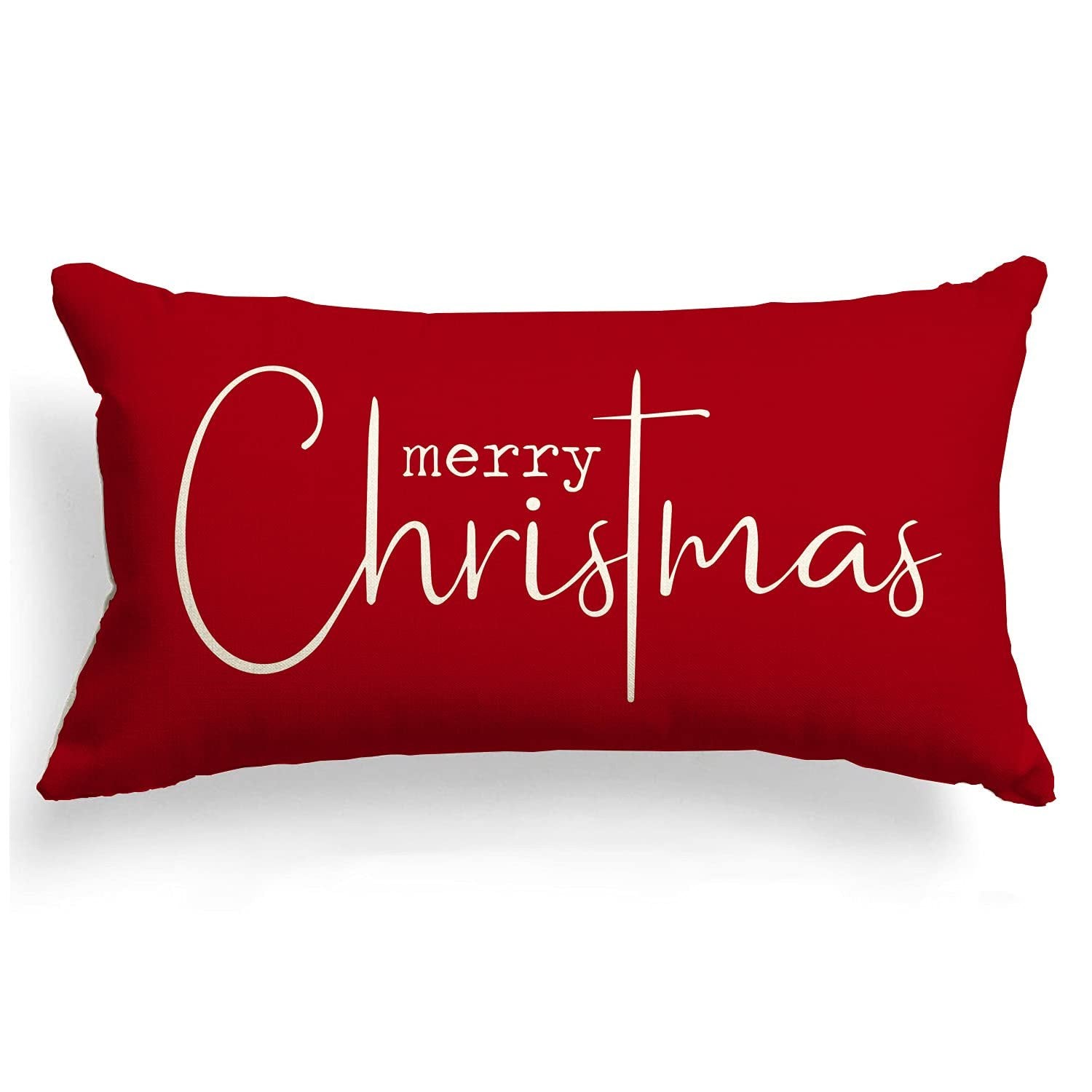 Red rectangular Christmas pillow cover with cream script text 'merry Christmas'