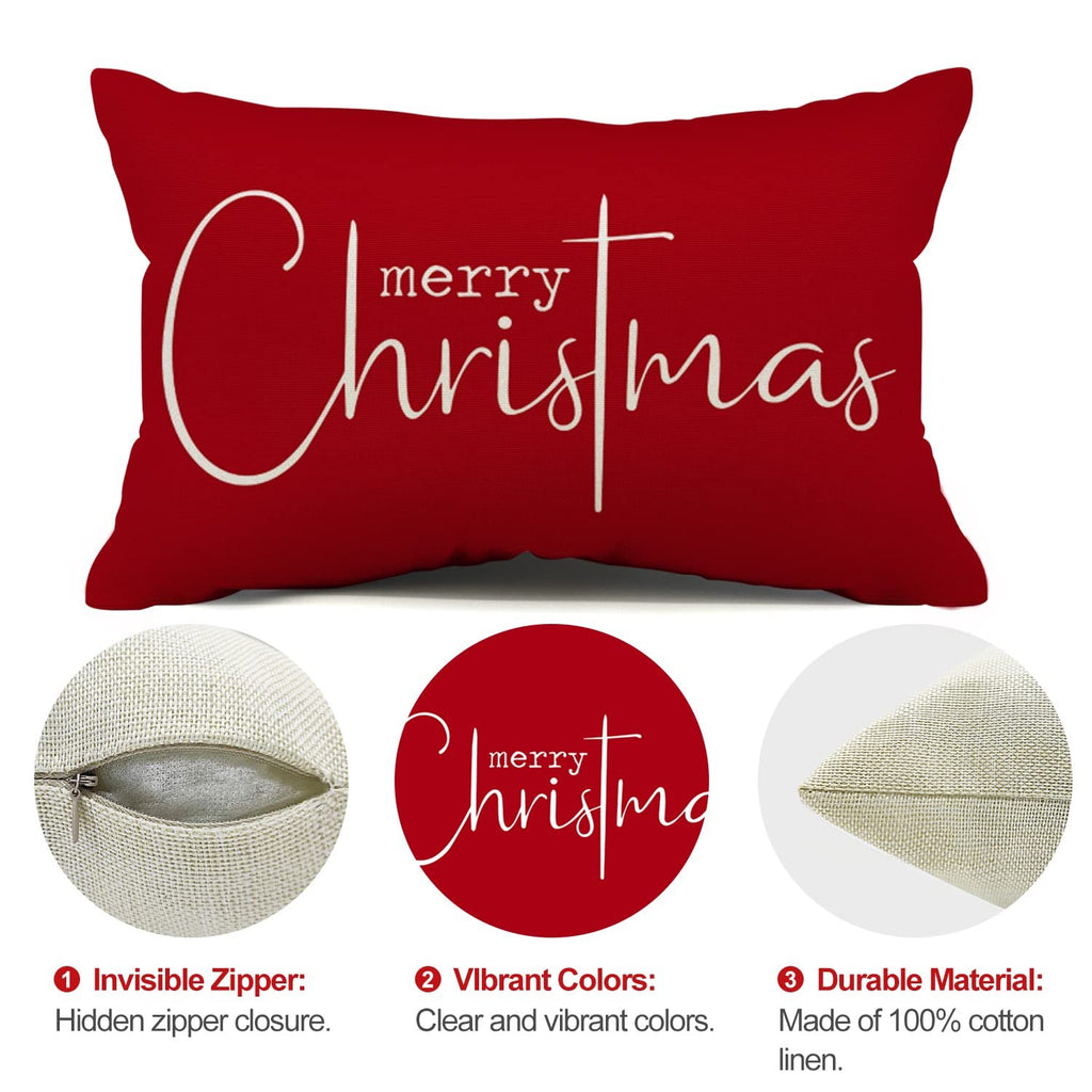 Red Christmas pillow cover with white "Merry Christmas" text, showing zipper detail and material texture.