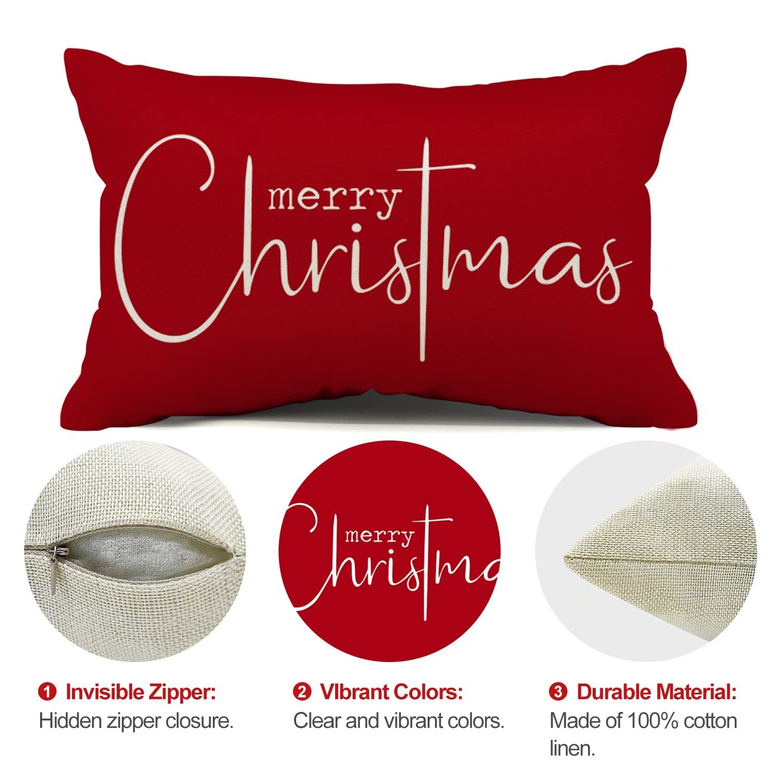 Red Christmas pillow cover with white "Merry Christmas" text, showing zipper detail and material texture.