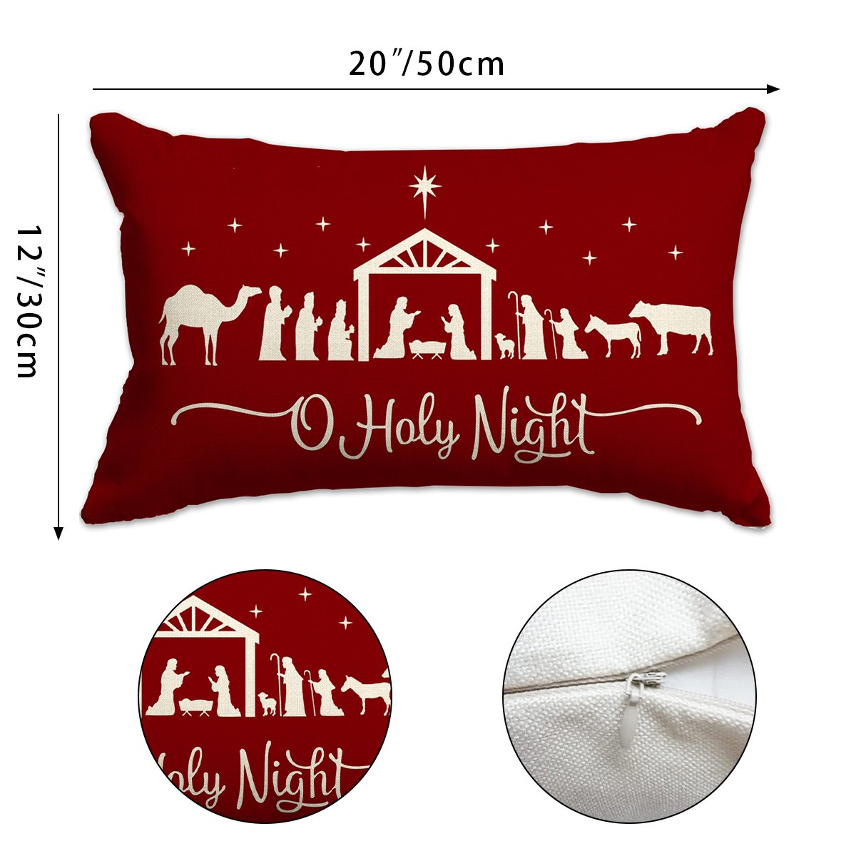 Red Christmas pillow cover with nativity scene and 'O Holy Night' text, showing dimensions 20x12 inches.