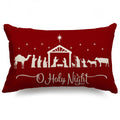 Red rectangular pillow cover with white nativity scene silhouette and 'O Holy Night' text