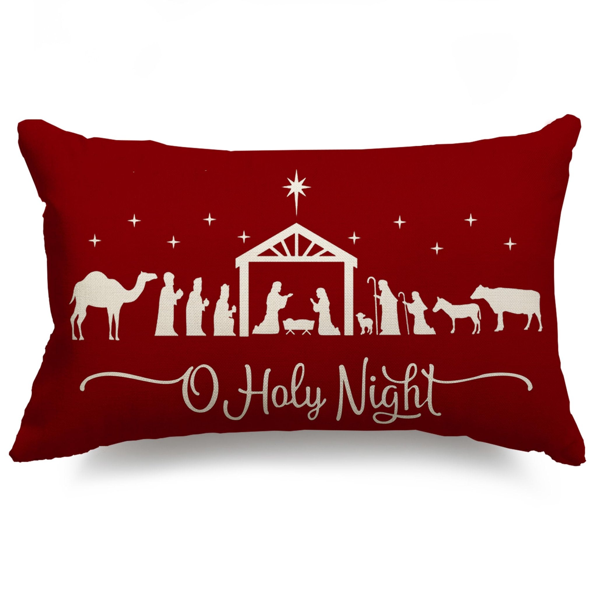 Red rectangular pillow cover with white nativity scene silhouette and 'O Holy Night' text