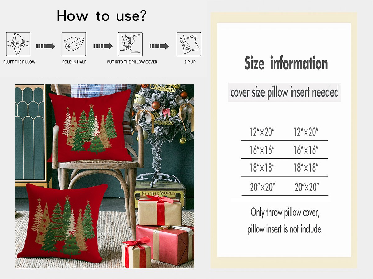 Two red Christmas pillow covers with gold and green trees displayed on a chair with gift boxes and a decorated tree.