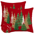 Two red Christmas pillow covers with various decorated trees, including glittery gold trees and green trees with red ribbon accents.