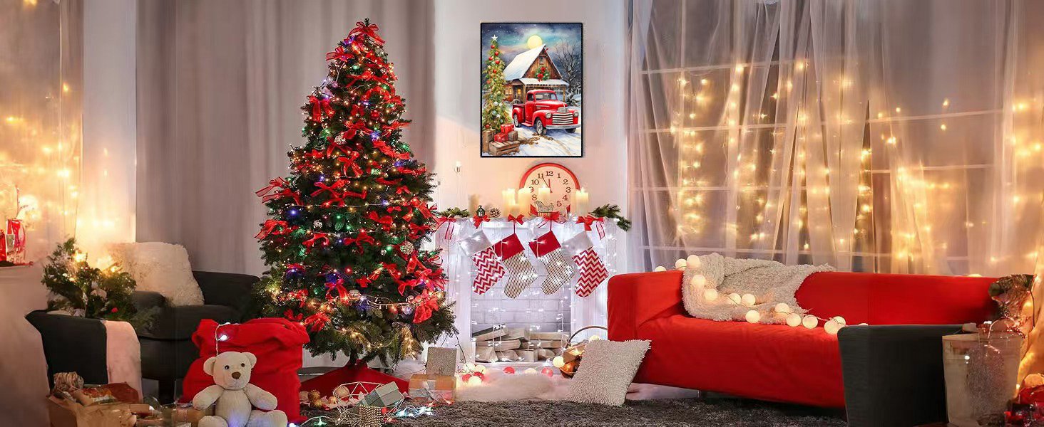 Cozy Christmas living room scene with a decorated tree, fireplace with stockings, and a red couch adorned with fairy lights.