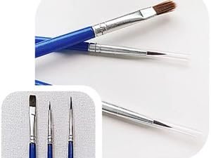 Three paint brushes with blue handles and silver ferrules, two shown close-up and one in a smaller inset image.