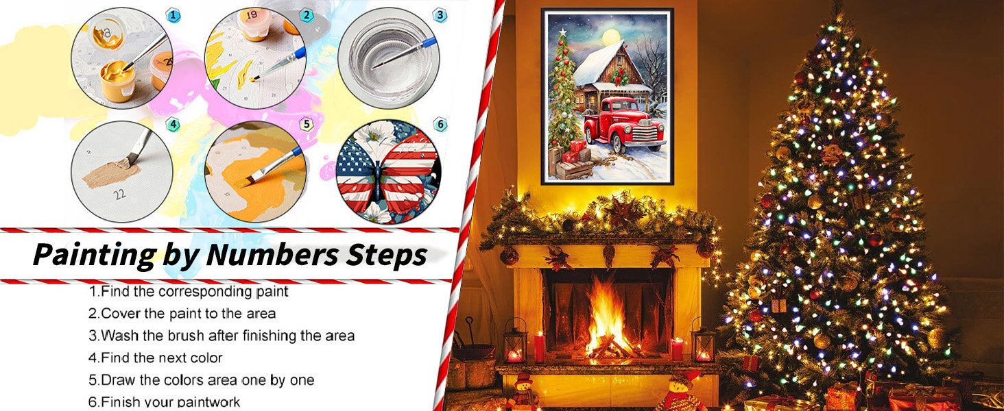 Paint by numbers kit steps and a Christmas scene with a red truck and decorated tree.