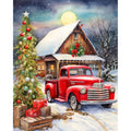 Christmas scene with a red vintage truck parked next to a decorated tree and a snow-covered barn.