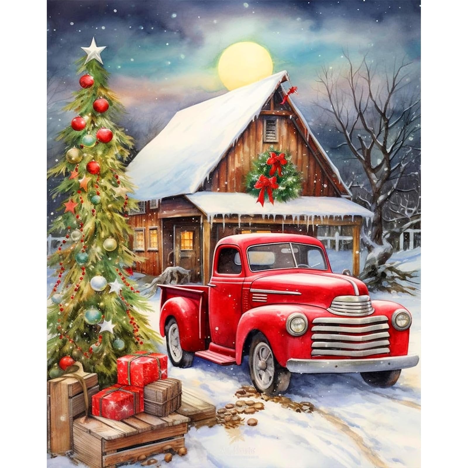 Christmas scene with a red vintage truck parked next to a decorated tree and a snow-covered barn.