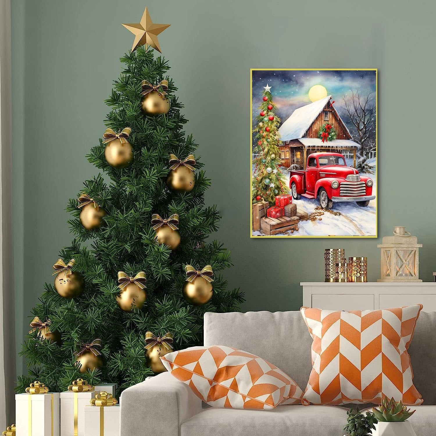 Christmas scene with a decorated tree and a red truck parked by a snow-covered barn, displayed on a wall above a sofa.