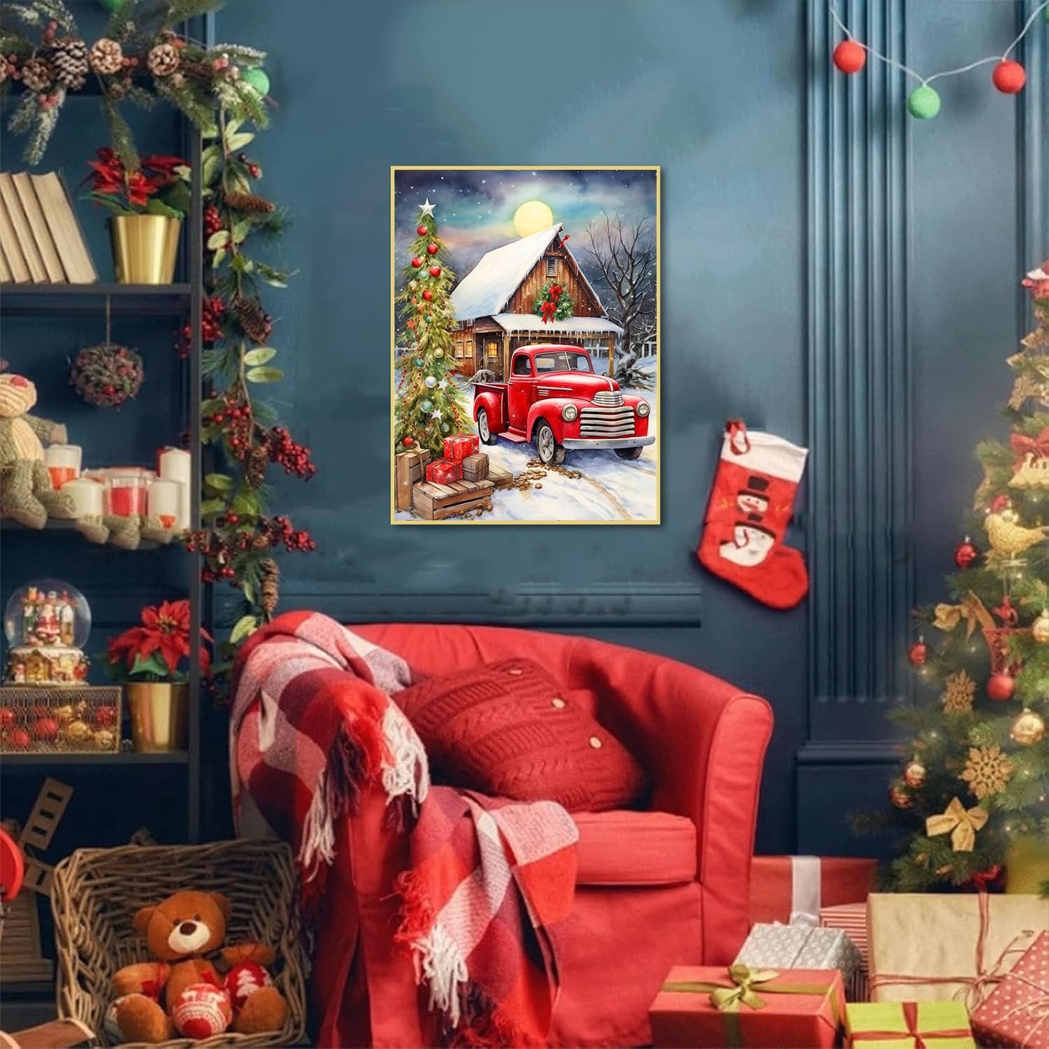 Christmas scene with a red truck, decorated tree, and cozy armchair, suggesting a paint by numbers kit.