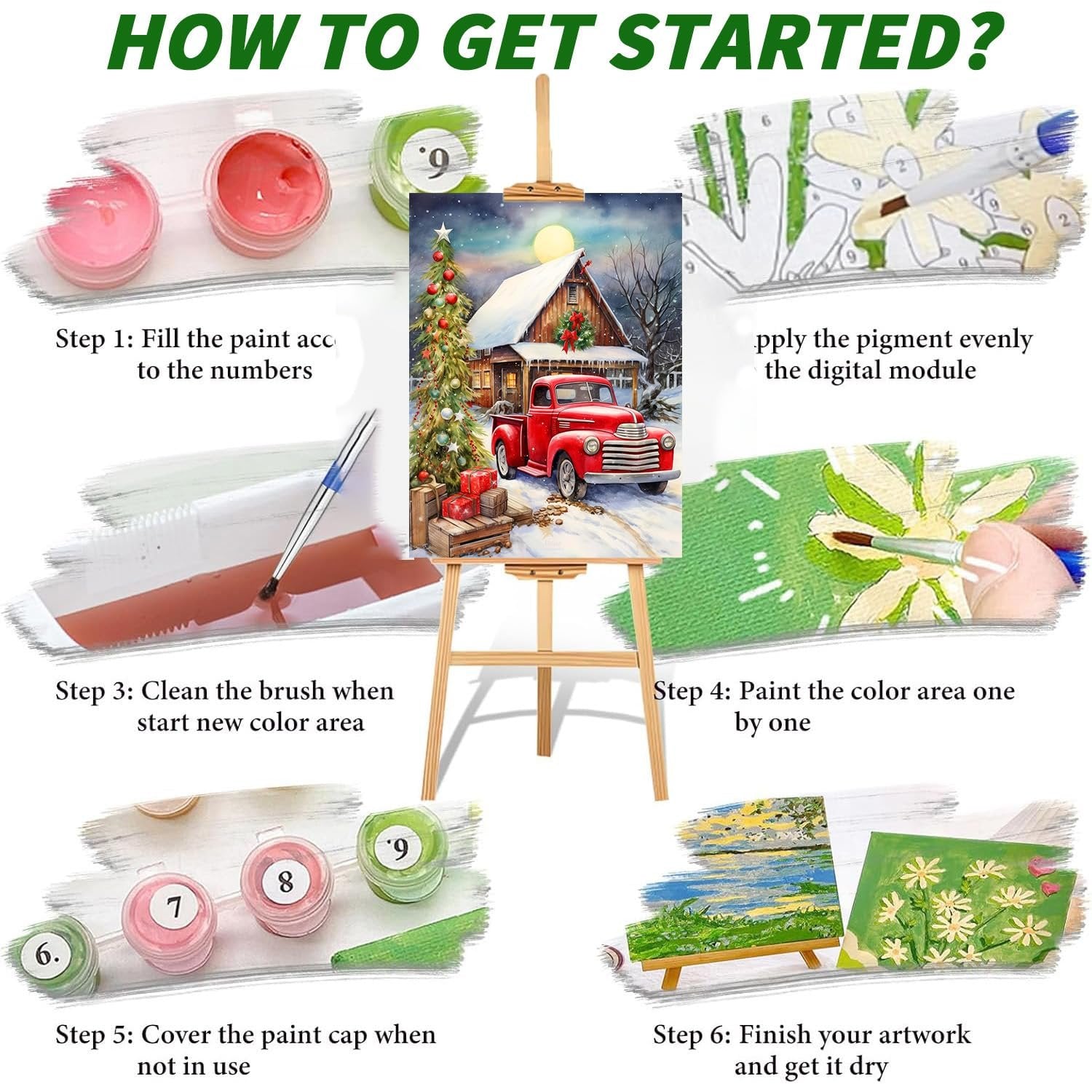 Paint by numbers kit instructions showing steps to complete artwork with red truck and Christmas tree scene.