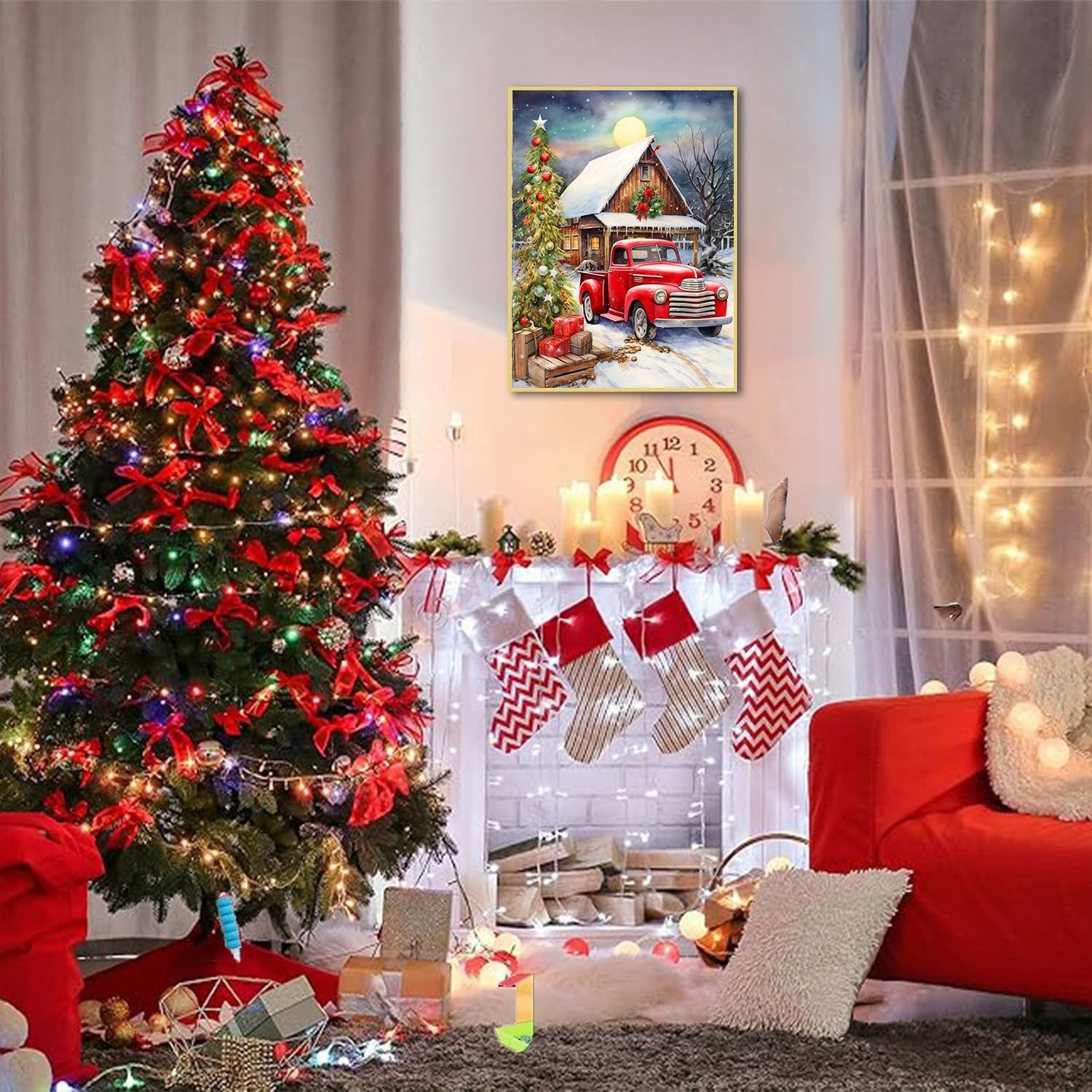 Christmas scene with a decorated tree, fireplace with stockings, and a painting of a red truck in the snow.