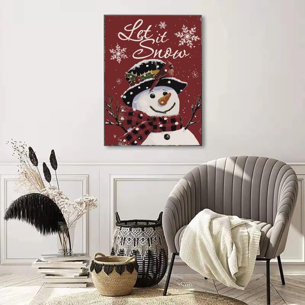 Christmas snowman diamond painting kit with "Let it Snow" text, displayed in a living room setting.