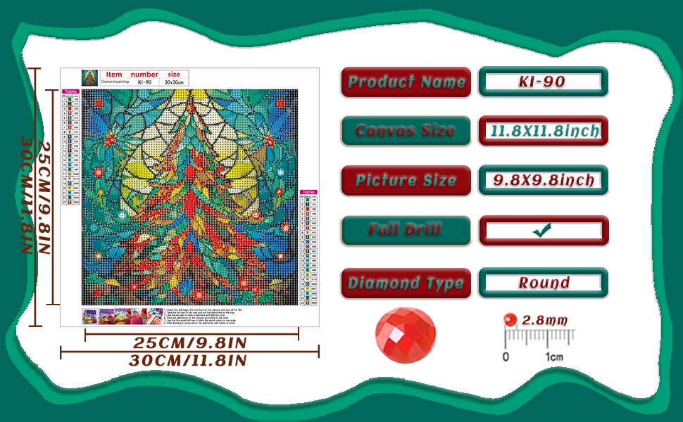 Diamond painting kit featuring a Christmas tree design, with product details and size information displayed.