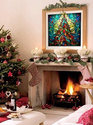 Cozy Christmas scene with a fireplace, stockings, a decorated tree, and a framed diamond painting of a Christmas tree