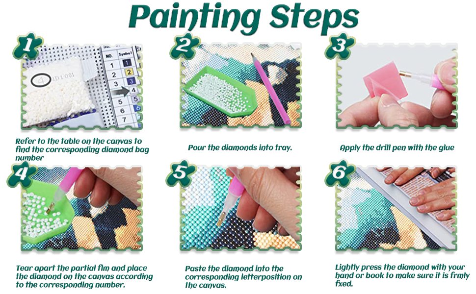 Diamond painting kit instructions showing 6 steps: referencing a table, pouring diamonds, applying glue, placing diamonds, pasting diamonds, and pressing diamonds.