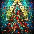 Christmas tree stained glass art with colorful panes and red ornaments