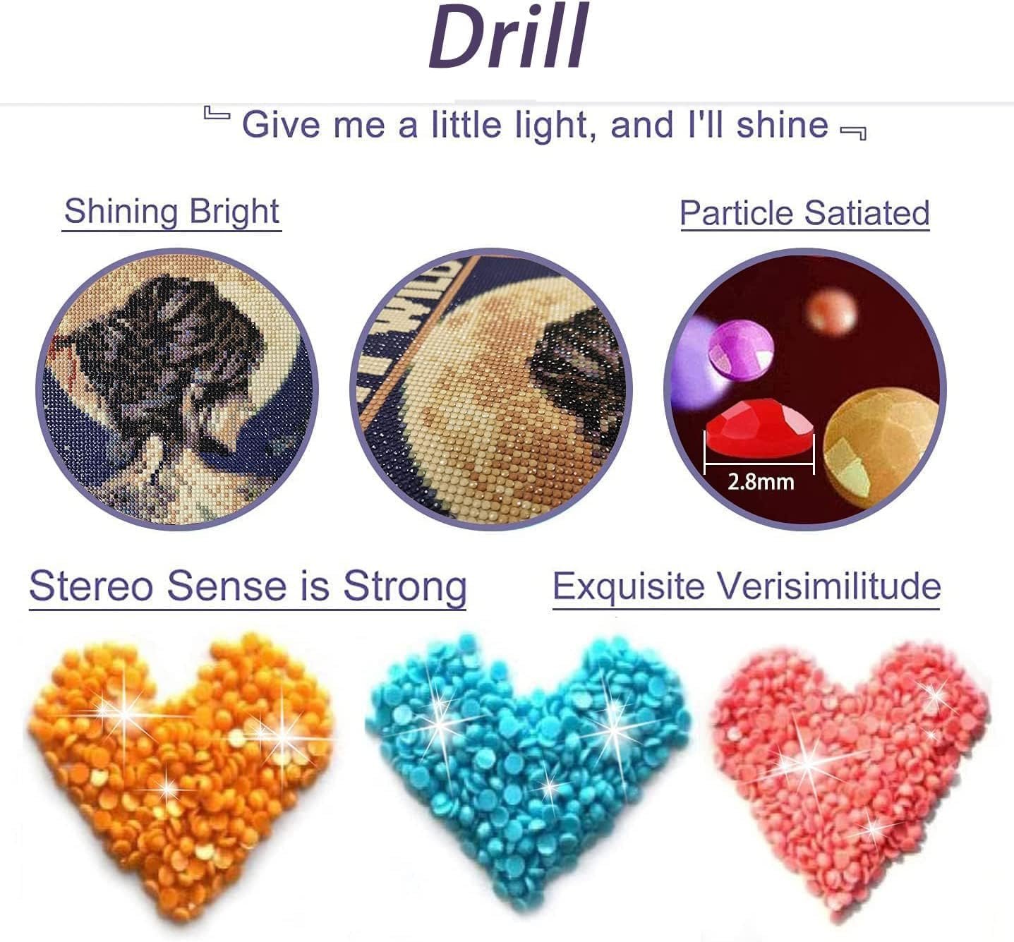 Diamond painting kit details showing close-ups of finished artwork, diamond beads, and their size.