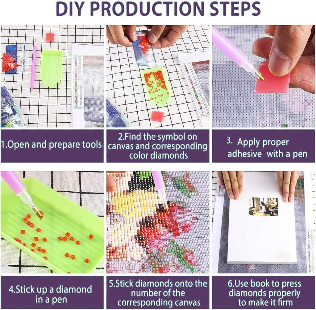 Six-panel collage showing steps for a diamond painting kit, including preparing tools, applying adhesive, and placing diamonds.