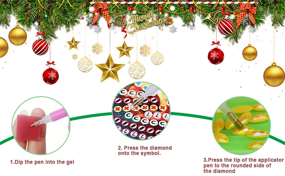 Diamond painting kit instructions showing how to apply rhinestones to a numbered canvas with a pen and gel.