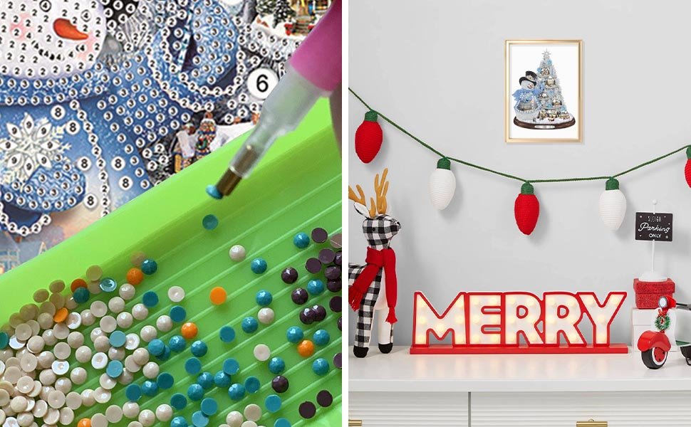 Diamond painting kit with rhinestones and tray, and Christmas decor including a reindeer and 'MERRY' sign.