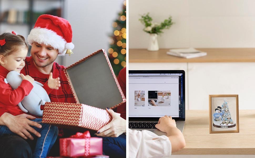 Father and daughter opening a Christmas gift box next to a decorated tree; person using a laptop with a framed diamond painting of a Christmas tree and snowmen on a desk.