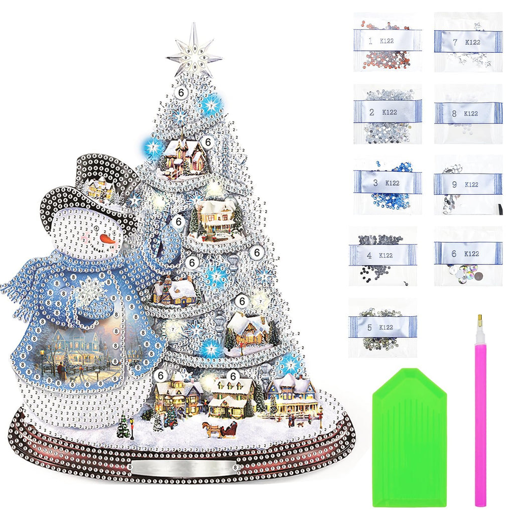 Christmas tree and snowman diamond painting kit with numbered canvas, pen, tray, and colorful diamonds in bags