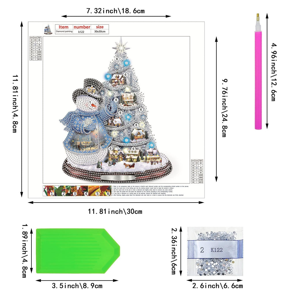 Christmas tree diamond painting kit with snowman, includes canvas, pen, tray, glue clay, and colorful diamonds.