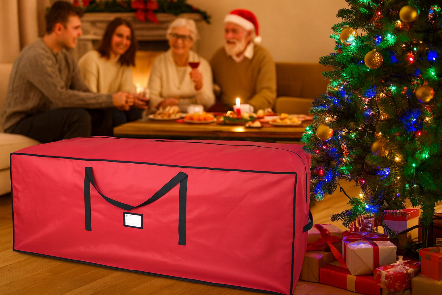 Red Christmas tree storage bag in a festive living room with a family and decorated tree