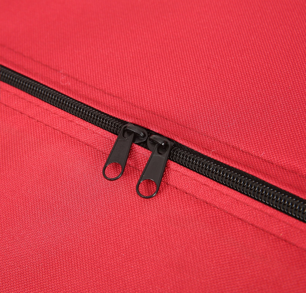 Close-up of a red Christmas tree storage bag showing a black dual zipper with two pull tabs.